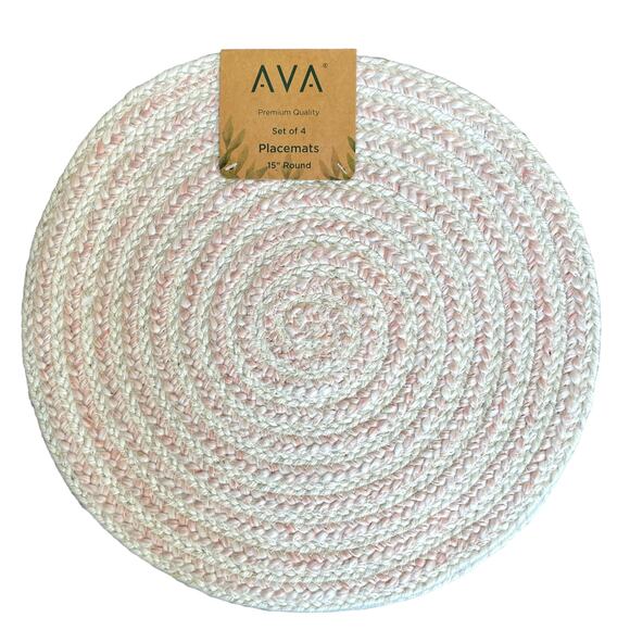 AVA Pink and White Premium Quality Set of 4 Braided 15" Round Placemats NEW - Picture 1 of 4